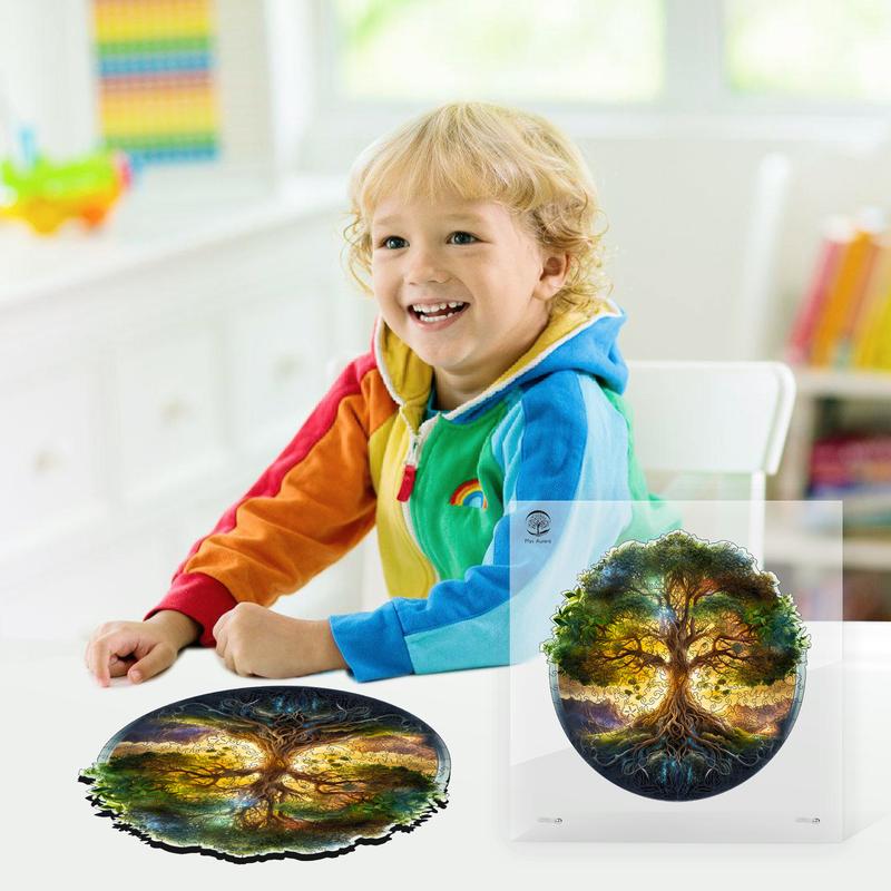 Mys Aurora Wooden Jigsaw Puzzle Green Tree of Life 80 200 300 500 Pcs Unique Shape Wood Box Packing Creative Gift for Adults and Kids Fun Challenging Family Game for Parents Grandparents Brainstorm