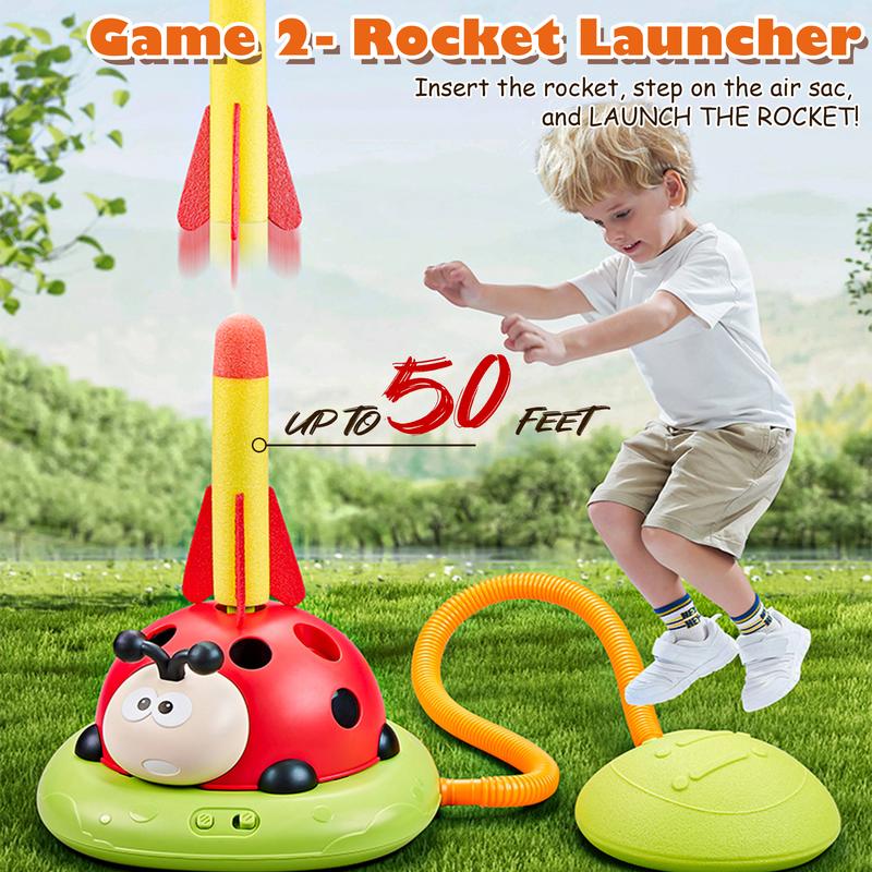 3 in 1 Ladybug Musical Jump, Ring Toss Game and Stomp Rocket, Sports & Outdoor Play Toys, Outdoor Toys with Remote Control