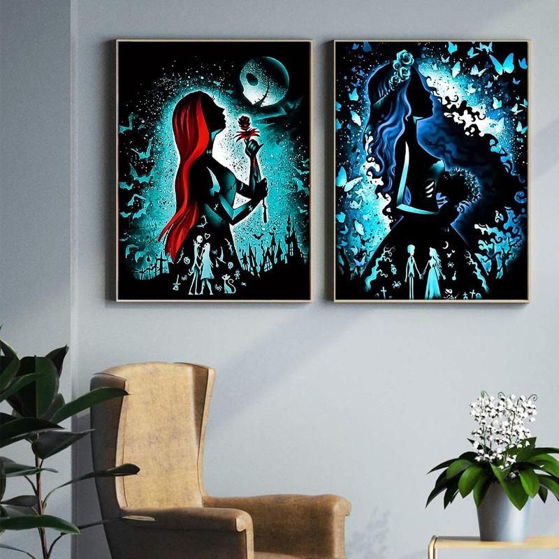 2 Pcs 5D Halloween Diamond Painting Kits for Adults-Nightmare Before Christmas Jack and Sally Diamond Painting Diamond Art Round Full Drill Diamonds for Home Wall Decor DIY Gift-12x16inch  2 Pcs JS