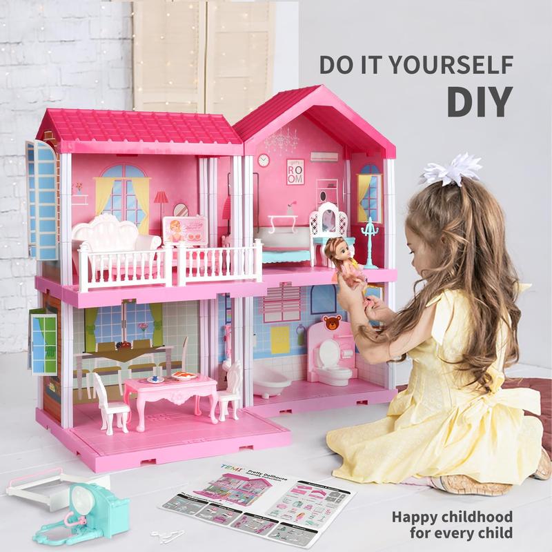 Dollhouse  Pretend Toys - Doll Figure with Furniture, Accessories, Stairs, Pets and Dolls, DIY Cottage Pretend Play DollHouse, for