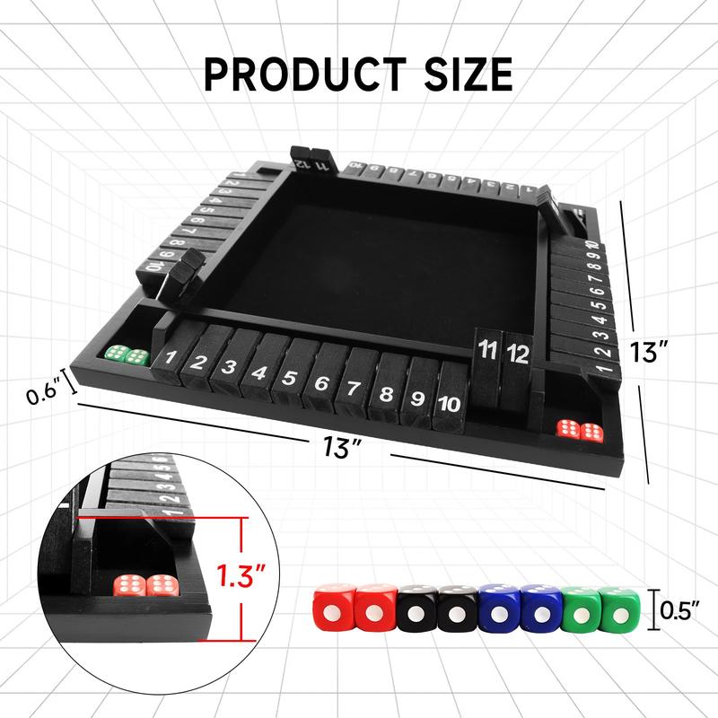 4-Player 12 Numbers Wooden Shut The Box Dice Board Game - Black