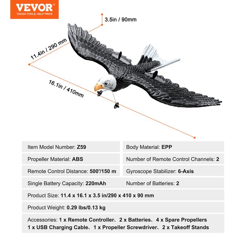 VEVOR RC Plane, 2.4GHZ 2 Channel Remote Control Airplane with 6-Axis Gyro Stabilizer, Ready to Fly Eagle Aircraft Plane Toy with 2 Batteries, Easy to Fly RC Glider for Adults Kids Beginners Boys Girls