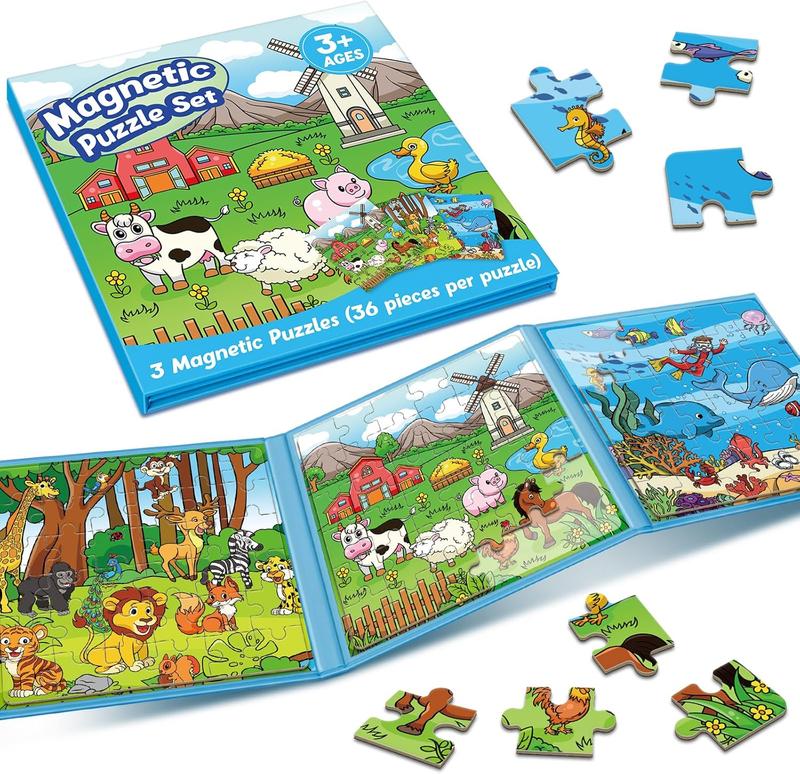 Puzzles,Magnetic Puzzles for Young learners Age 4-6,Sequence Cards for Kids，3 in 1Magnetic Jigsaw Puzzle Book，Story Telling Cards,Airplane Car Road Trip Activities,Travel Activities,Preschool Learning Toys, Include Dinosaur，Animal，Fairy tale Three themes