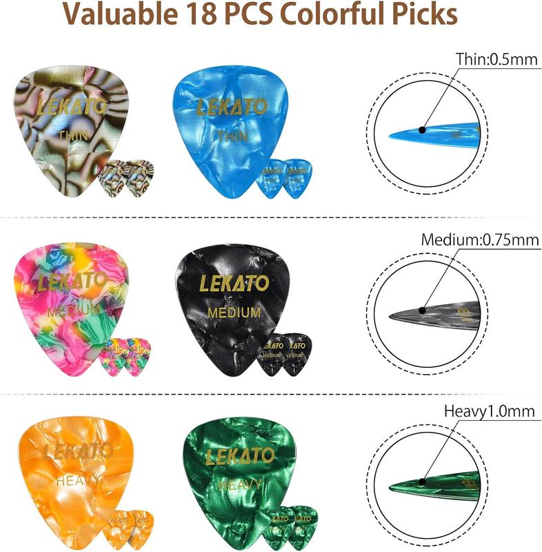 LEKATO Guitar Picks Holder Case, with 18 Pcs Picks, PU Leather Organizer Bag, with Lanyard Thin Medium Heavy Plectrums Holder, Accessories for Acoustic Electric Guitar Bass, Gift for Guitar Players