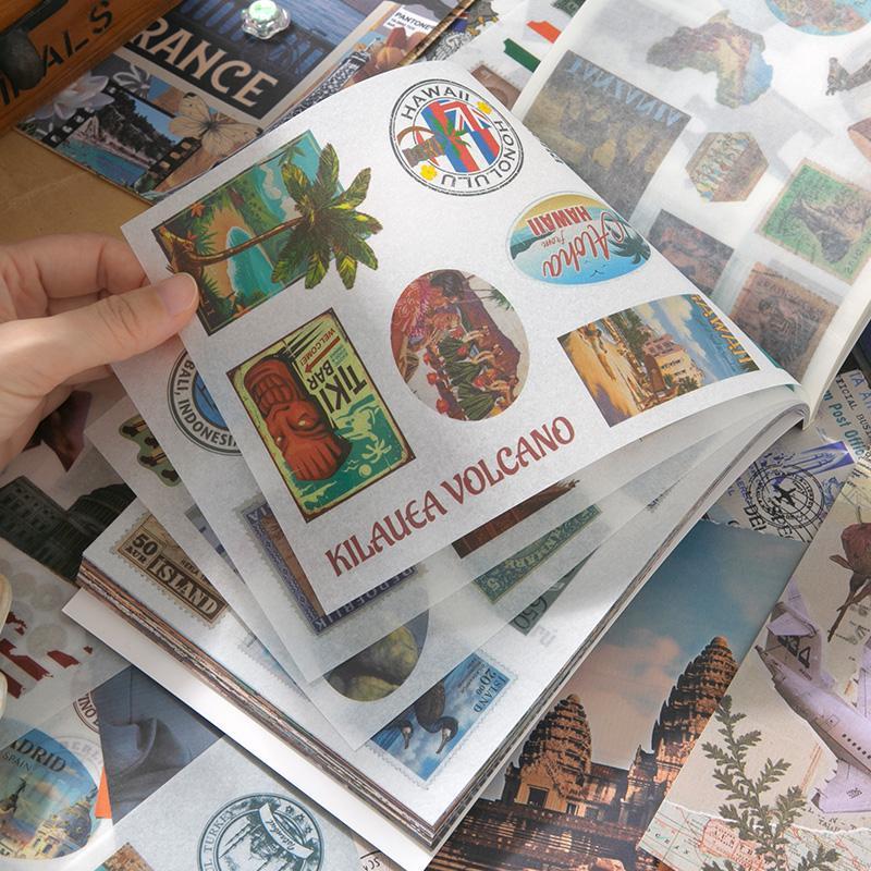 Vintage Travel Themed Sticker Book, 50pcs set Scrapbook & Journal Making Material Paper, DIY Decorative Sticker for Stationery & Water Bottle & Luggage