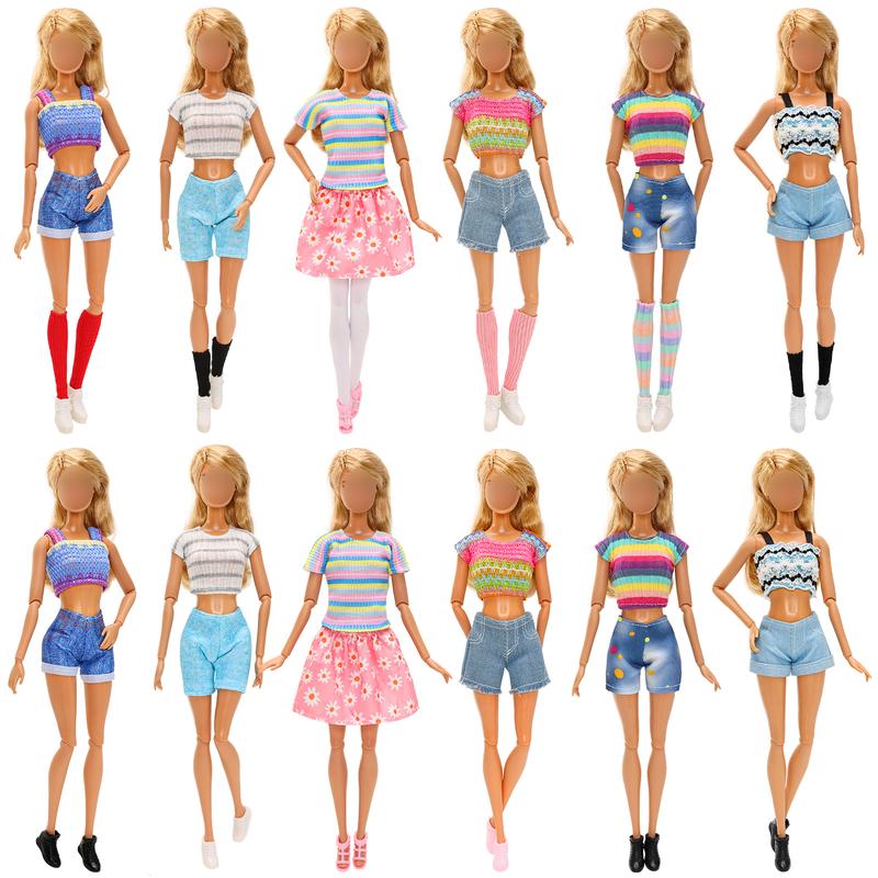 BARWA 17 PCS Girl Dolls Fashion Clothing Including Skirt,4 Tops + 3 Jean Shorts,4 Socks Random 5 Pairs of Flat Shoes for 11.5 Inch Girl Doll