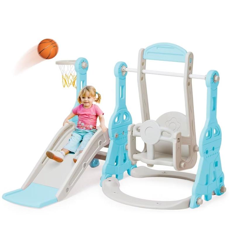 4-in-1 Compact Slide and Swing Set, Family Slide for Boys and Girls Aged 1 to 4, Slide with Basketball Hoop, Indoor and Outdoor Slide Play Facilities and Playgrounds Easy to assemble.