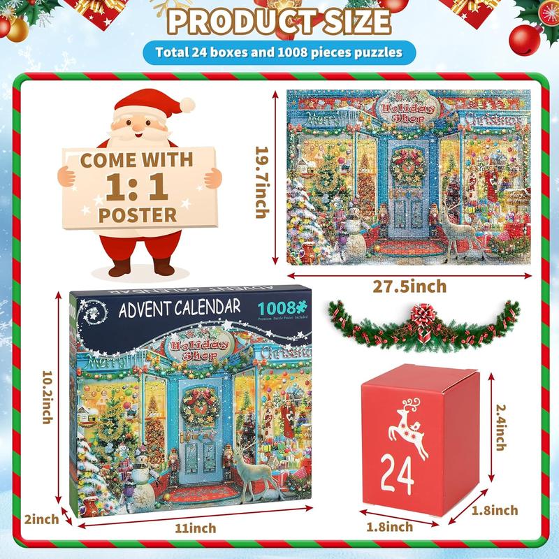 Advent Calendar Jigsaw Puzzle 2024 for Kids and Adults, 1008 Christmas jigsaw pieces in 24 boxes. Christmas Puzzle Family Game for Stocking Stuffers and Home Decor. Holiday Gifts for Boys,Girls