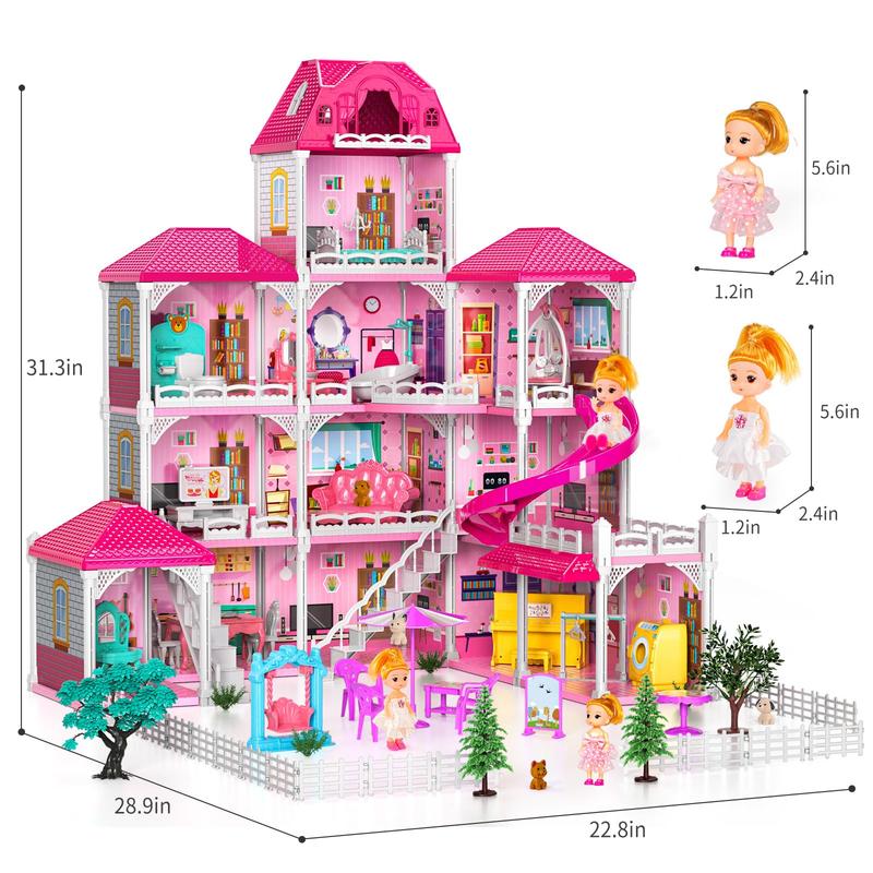 Doll House  Toys - 4-Story 12 Rooms Playhouse with 2 Dolls Toy Figures, Fully Furnished Fashion Dollhouse, Pretend Playhouse with Accessories, Gift Toy