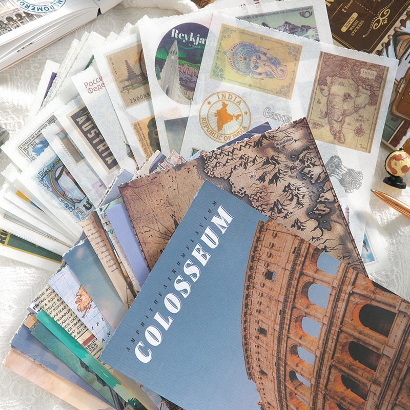 Vintage Travel Themed Sticker Book, 50pcs set Scrapbook & Journal Making Material Paper, DIY Decorative Sticker for Stationery & Water Bottle & Luggage