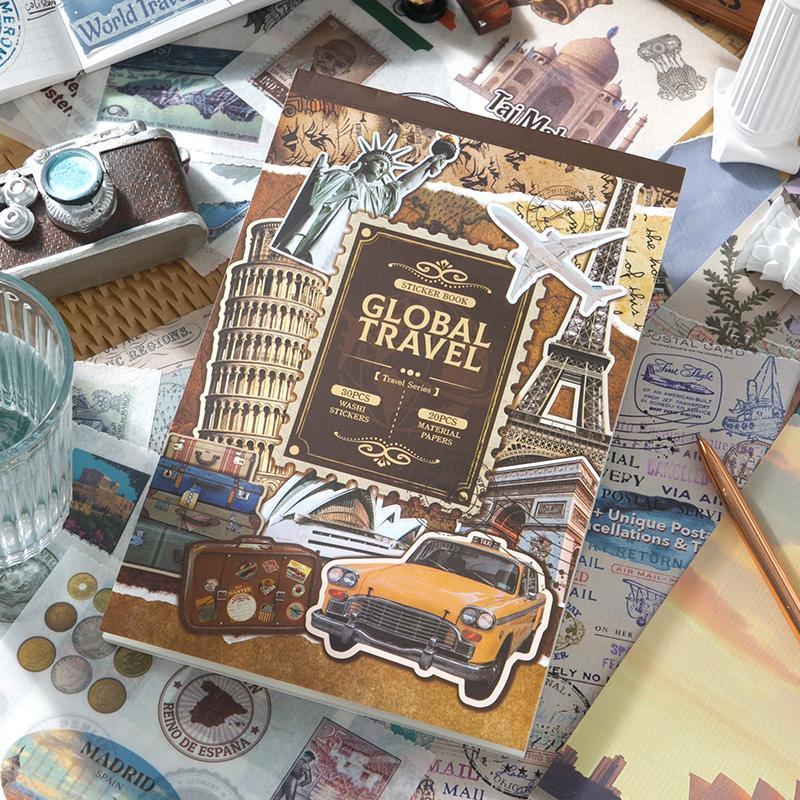 Vintage Travel Themed Sticker Book, 50pcs set Scrapbook & Journal Making Material Paper, DIY Decorative Sticker for Stationery & Water Bottle & Luggage