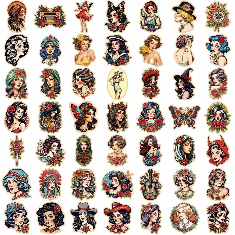 Vintage Tattoo Series Graffiti Sticker, 50pcs set Waterproof Decorative Sticker, DIY Creative Decal for Phone Case, Laptop, Notebook, Helmet, Skateboard, Frame