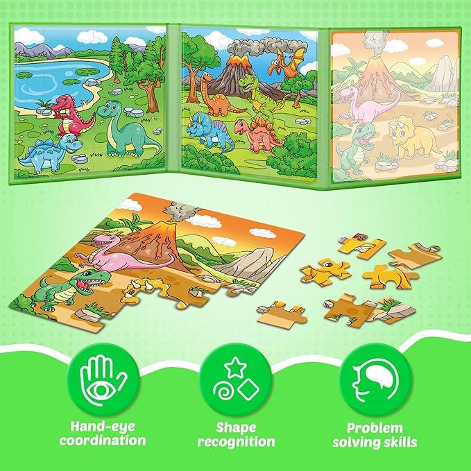 Puzzles,Magnetic Puzzles for Young learners Age 4-6,Sequence Cards for Kids，3 in 1Magnetic Jigsaw Puzzle Book，Story Telling Cards,Airplane Car Road Trip Activities,Travel Activities,Preschool Learning Toys, Include Dinosaur，Animal，Fairy tale Three themes