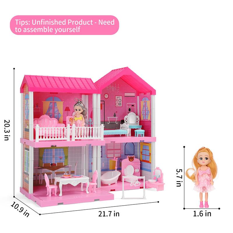 Dollhouse  Pretend Toys - Doll Figure with Furniture, Accessories, Stairs, Pets and Dolls, DIY Cottage Pretend Play DollHouse, for