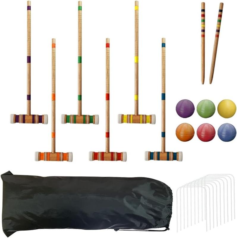 Six Player Croquet Set with Wooden Mallets Colored Balls for Lawn, Backyard and Park, 28 Inch