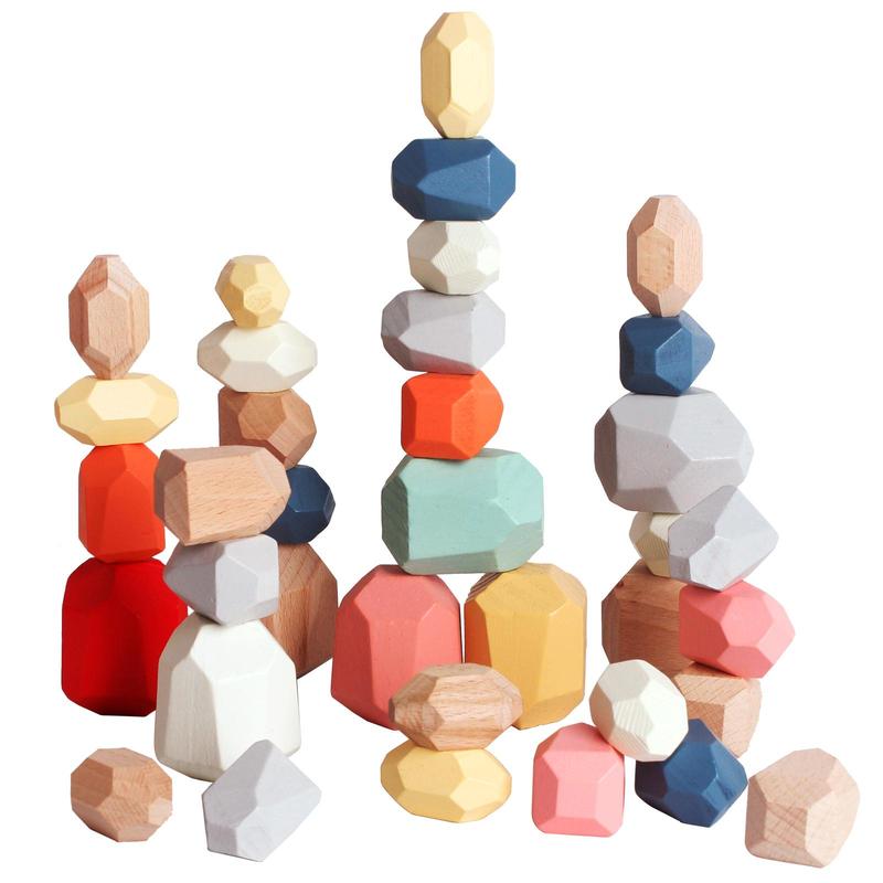 Wooden Stacking Stone Toy (36pcs box), Colorful Geometric Shape Stacking Toys for Logical Thinking & Balance Ability, Montessori Sensory Toy for Birthday Gift