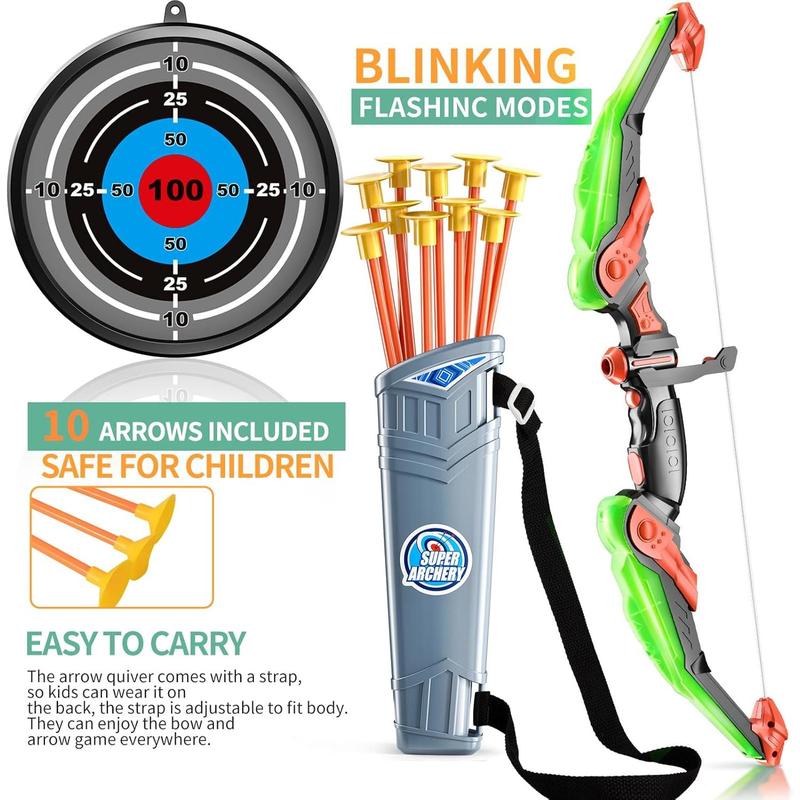 Kids Bow and Arrow Set - LED Light Up Archery Toy Set with 10 Suction Cup Arrows, Target & Quiver, Indoor and Outdoor Toys for Children Boys Girls