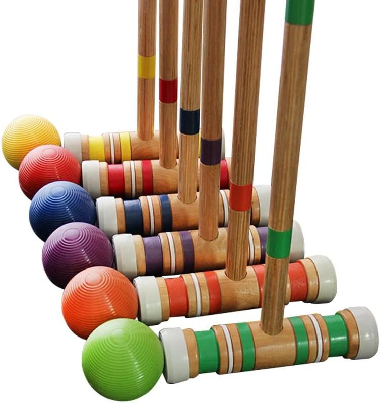 Six Player Croquet Set with Wooden Mallets Colored Balls for Lawn, Backyard and Park, 28 Inch