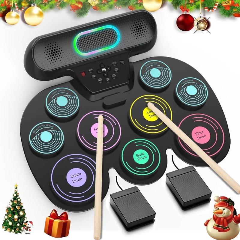 Electronic Drum Set for Kids Adults,9 Pads Portable MIDI Roll-up Drum Kit with Dual Speakers   Headset Jack   Drumsticks   Foot Pedals,for Beginners