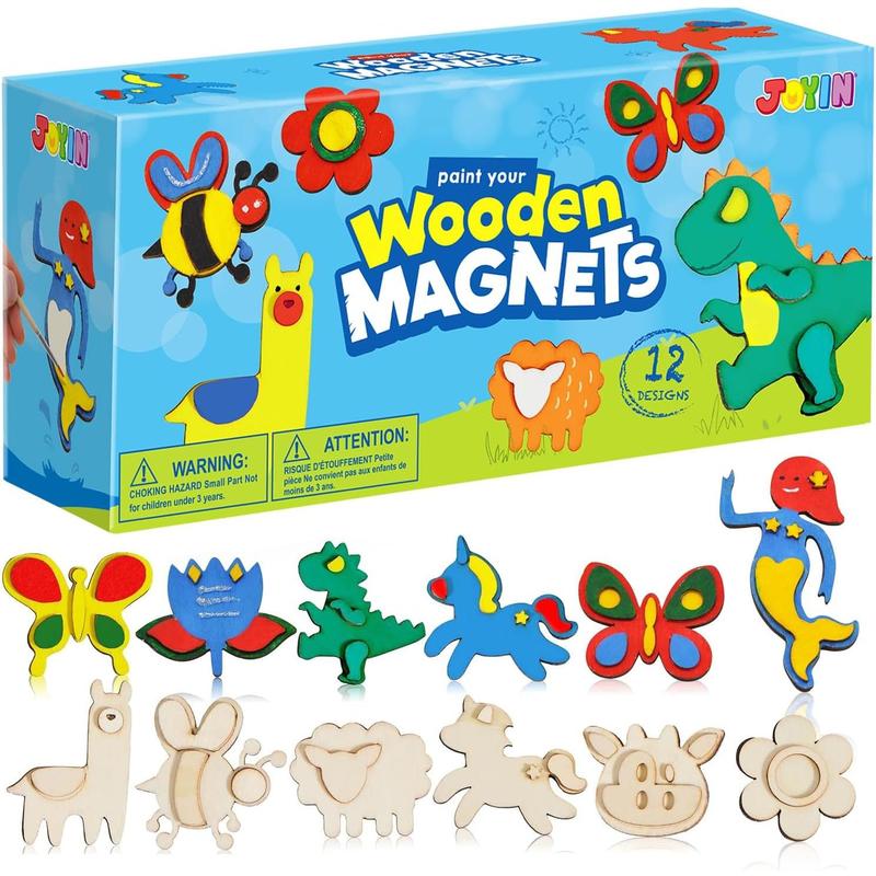 JOYIN 12 Wooden Magnet Creativity Arts & Crafts Painting Kit for Kids, Decorate Your Own Painting Gift for Easter Basket Stuffers, Birthday Parties and Family Crafts, Party Favors for Boys Girls