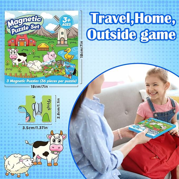 Puzzles,Magnetic Puzzles for Young learners Age 4-6,Sequence Cards for Kids，3 in 1Magnetic Jigsaw Puzzle Book，Story Telling Cards,Airplane Car Road Trip Activities,Travel Activities,Preschool Learning Toys, Include Dinosaur，Animal，Fairy tale Three themes