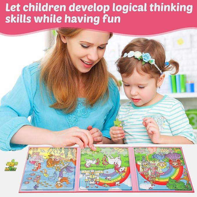 Puzzles,Magnetic Puzzles for Young learners Age 4-6,Sequence Cards for Kids，3 in 1Magnetic Jigsaw Puzzle Book，Story Telling Cards,Airplane Car Road Trip Activities,Travel Activities,Preschool Learning Toys, Include Dinosaur，Animal，Fairy tale Three themes