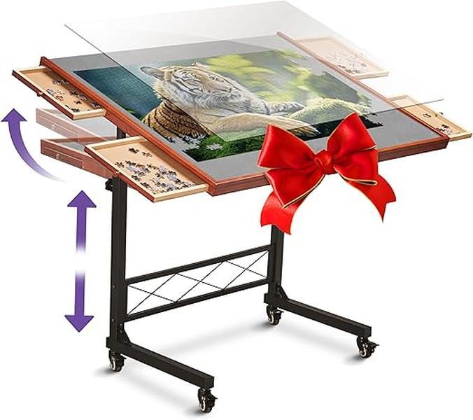 Joyberri Puzzle Station - Jigsaw Puzzle Table Rolling Puzzle Desk - 1500 Piece Puzzle Board with Bonus Puzzle Portable Jigsaw Puzzle Tables with Drawers and Legs - Height Adjustable for Adults and Kids