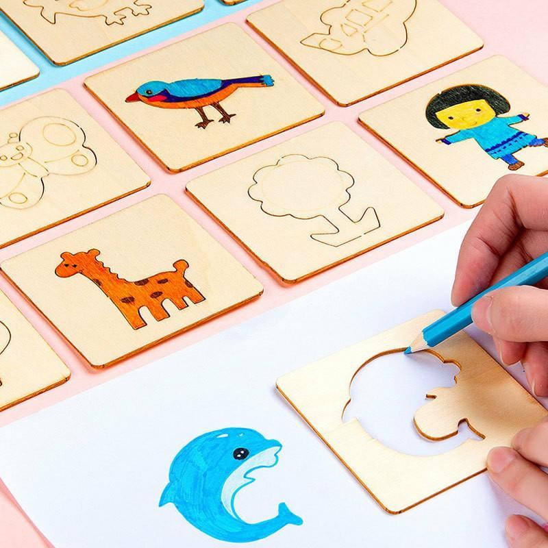 Random Color Wooden DIY Painting Stencils Template, 20pcs set Montessori Drawing Craft Toy