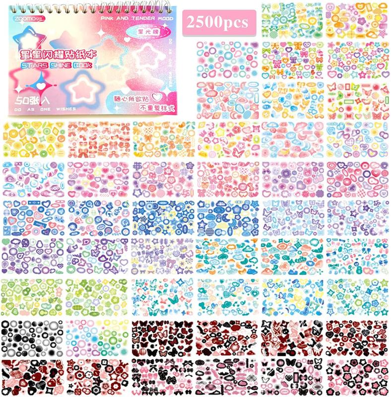 2500 count Scrapbook Stickers 50 Sheets Kpop Photocard Stickers Book Glitter Self Adhesive Deco Stickers Butterfly Stars Heart Ribbons Deco Stickers Book for  Girls Boys Aesthetic Craft Decorate