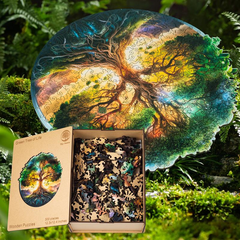 Mys Aurora Wooden Jigsaw Puzzle Green Tree of Life 80 200 300 500 Pcs Unique Shape Wood Box Packing Creative Gift for Adults and Kids Fun Challenging Family Game for Parents Grandparents Brainstorm