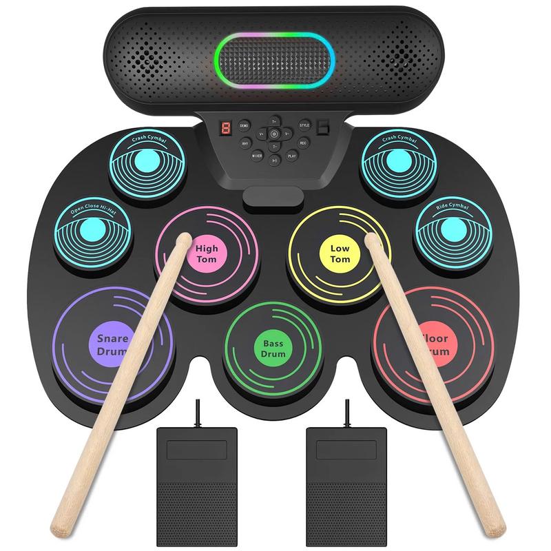 Electronic Drum Set for Kids Adults,9 Pads Portable MIDI Roll-up Drum Kit with Dual Speakers   Headset Jack   Drumsticks   Foot Pedals,for Beginners