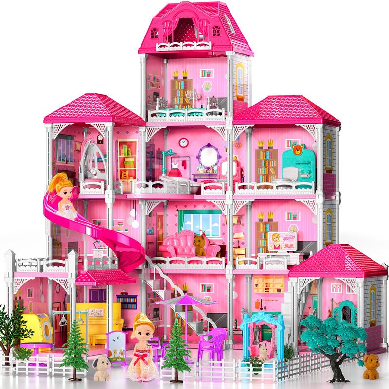 Doll House  Toys - 4-Story 12 Rooms Playhouse with 2 Dolls Toy Figures, Fully Furnished Fashion Dollhouse, Pretend Playhouse with Accessories, Gift Toy