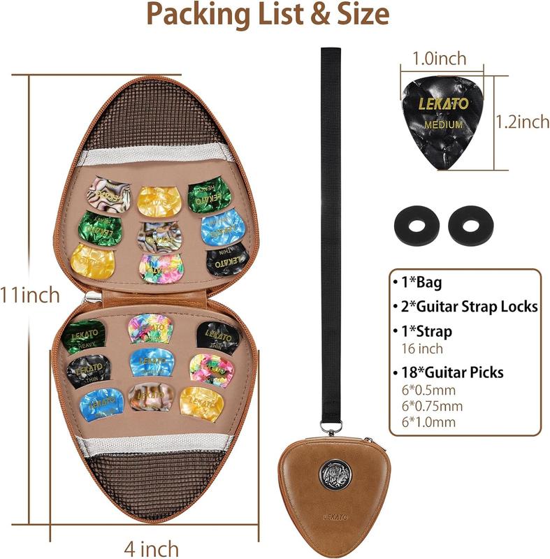 LEKATO Guitar Picks Holder Case, with 18 Pcs Picks, PU Leather Organizer Bag, with Lanyard Thin Medium Heavy Plectrums Holder, Accessories for Acoustic Electric Guitar Bass, Gift for Guitar Players