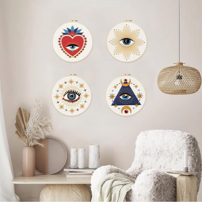 Evil Eye Pattern Embroidery Starter Kit for Embroidery Cloth, Embroidery Hoop Set, Embroidery Floss Set, DIY Cross Stitch Embroidery Set