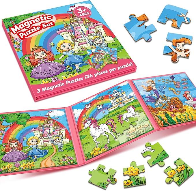 Puzzles,Magnetic Puzzles for Young learners Age 4-6,Sequence Cards for Kids，3 in 1Magnetic Jigsaw Puzzle Book，Story Telling Cards,Airplane Car Road Trip Activities,Travel Activities,Preschool Learning Toys, Include Dinosaur，Animal，Fairy tale Three themes