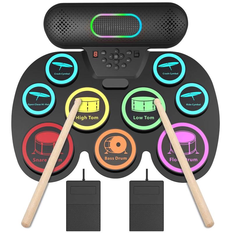 Electronic Drum Set for Kids Adults,9 Pads Portable MIDI Roll-up Drum Kit with Dual Speakers   Headset Jack   Drumsticks   Foot Pedals,for Beginners