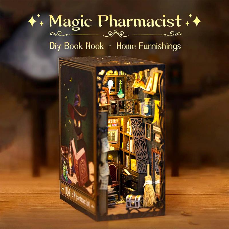 CUTEBEE DIY Book Nook Kit, DIY Miniature House Dollhouse Kit for Adults and Teens, Bookshelf Insert Decor, Tiny Magic House Booknook Bookcase Model Build Gift Kit with LED Light (Magic Pharmacist)