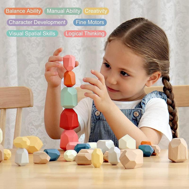 Wooden Stacking Stone Toy (36pcs box), Colorful Geometric Shape Stacking Toys for Logical Thinking & Balance Ability, Montessori Sensory Toy for Birthday Gift