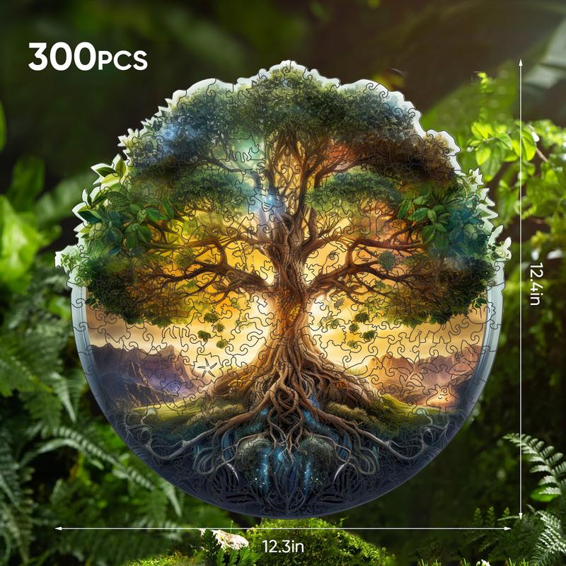 Mys Aurora Wooden Jigsaw Puzzle Green Tree of Life 80 200 300 500 Pcs Unique Shape Wood Box Packing Creative Gift for Adults and Kids Fun Challenging Family Game for Parents Grandparents Brainstorm