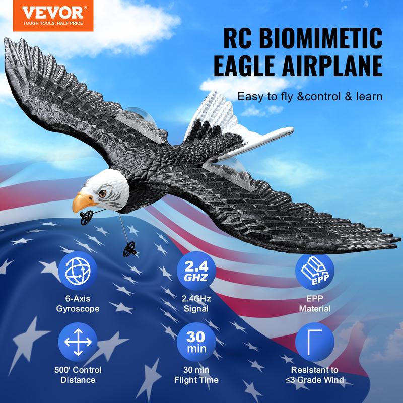 VEVOR RC Plane, 2.4GHZ 2 Channel Remote Control Airplane with 6-Axis Gyro Stabilizer, Ready to Fly Eagle Aircraft Plane Toy with 2 Batteries, Easy to Fly RC Glider for Adults Kids Beginners Boys Girls