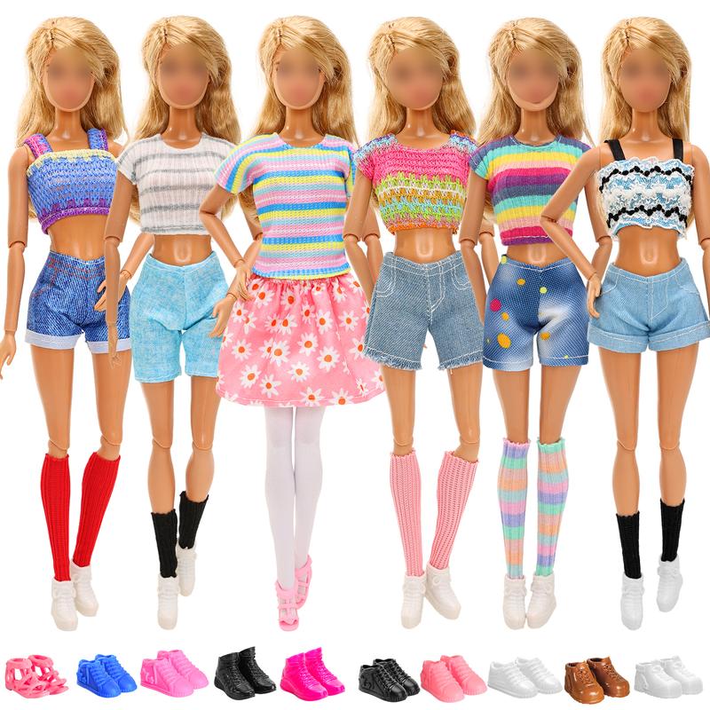 BARWA 17 PCS Girl Dolls Fashion Clothing Including Skirt,4 Tops + 3 Jean Shorts,4 Socks Random 5 Pairs of Flat Shoes for 11.5 Inch Girl Doll