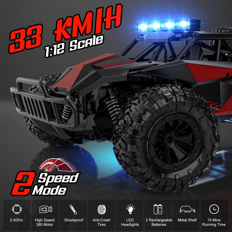 BLUEJAY Remote Control Car - 2.4GHz High Speed 33KM H RC Cars Toys, 1:12 Monster RC Truck Off Road with LED Headlight and Rechargeable Battery Gifts for Adults Boys 8-12 rc drifting multicoloured occupations rc car dinosaur truck toy  race