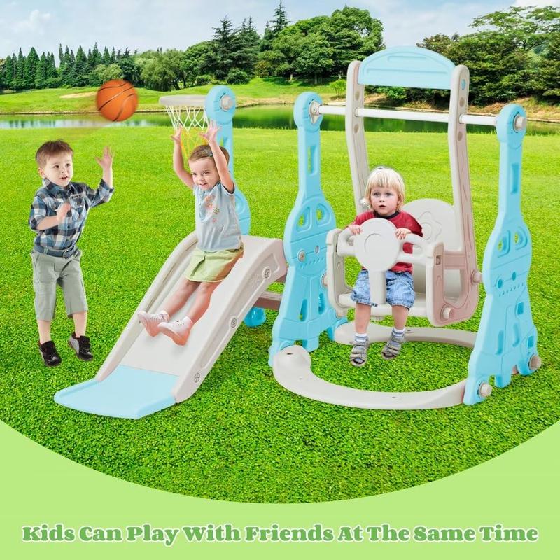 4-in-1 Compact Slide and Swing Set, Family Slide for Boys and Girls Aged 1 to 4, Slide with Basketball Hoop, Indoor and Outdoor Slide Play Facilities and Playgrounds Easy to assemble.