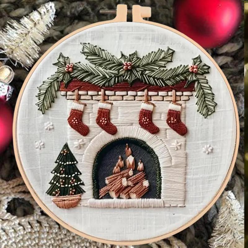 Fireplace Pattern DIY Embroidery Kit, 1 Set Embroidery with Hoop Suture Practice Kit for Adults, Handmade Unfinished Products Gifts