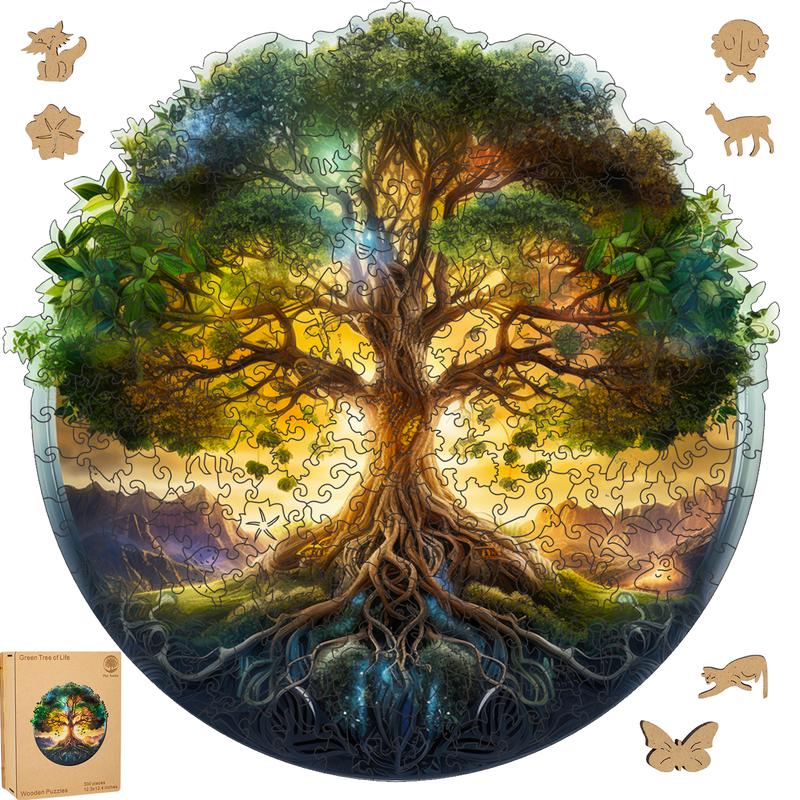 Mys Aurora Wooden Jigsaw Puzzle Green Tree of Life 80 200 300 500 Pcs Unique Shape Wood Box Packing Creative Gift for Adults and Kids Fun Challenging Family Game for Parents Grandparents Brainstorm