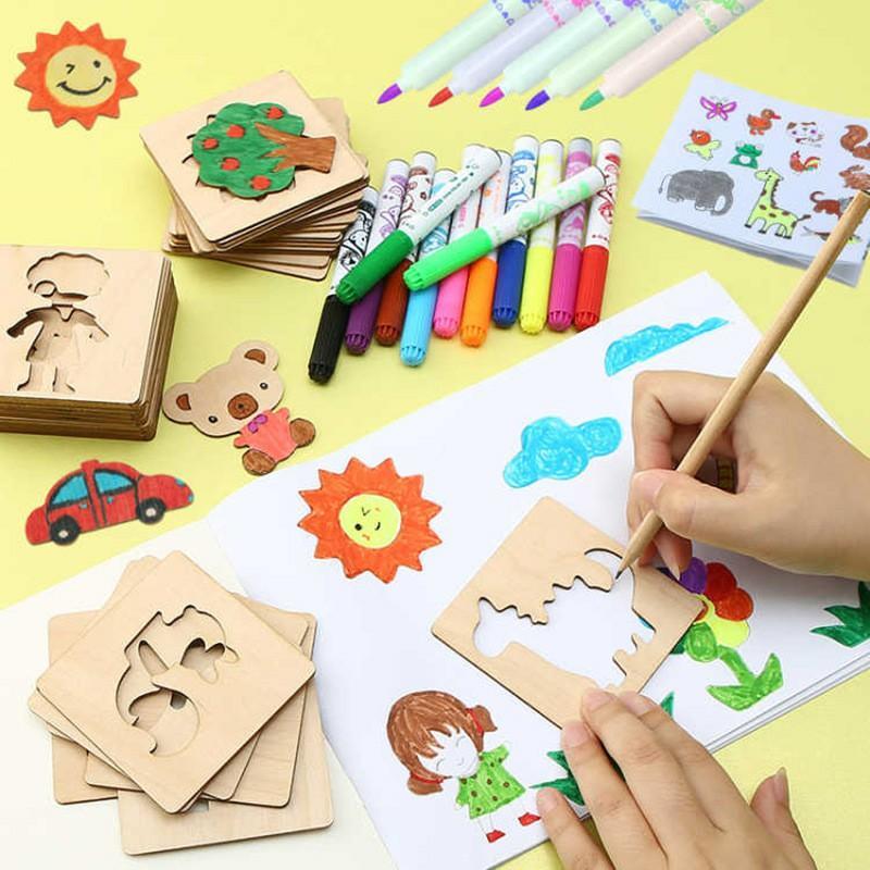 Random Color Wooden DIY Painting Stencils Template, 20pcs set Montessori Drawing Craft Toy