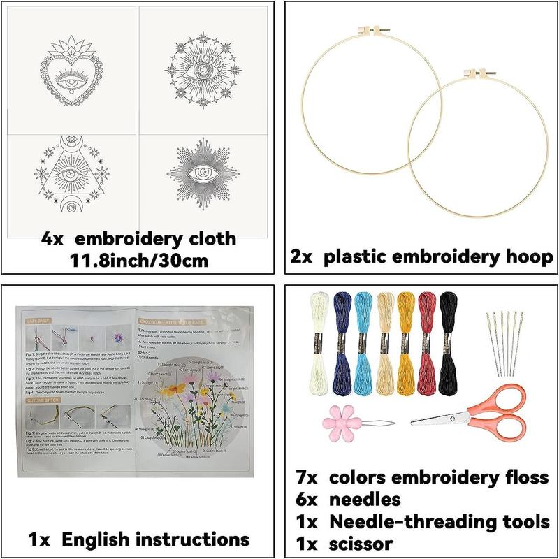 Evil Eye Pattern Embroidery Starter Kit for Embroidery Cloth, Embroidery Hoop Set, Embroidery Floss Set, DIY Cross Stitch Embroidery Set