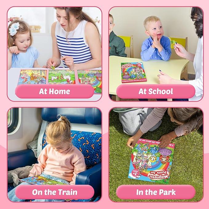 Puzzles,Magnetic Puzzles for Young learners Age 4-6,Sequence Cards for Kids，3 in 1Magnetic Jigsaw Puzzle Book，Story Telling Cards,Airplane Car Road Trip Activities,Travel Activities,Preschool Learning Toys, Include Dinosaur，Animal，Fairy tale Three themes