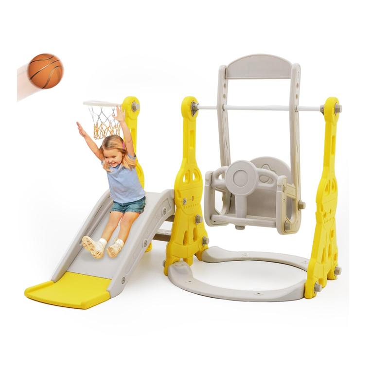 4-in-1 Compact Slide and Swing Set, Family Slide for Boys and Girls Aged 1 to 4, Slide with Basketball Hoop, Indoor and Outdoor Slide Play Facilities and Playgrounds Easy to assemble.