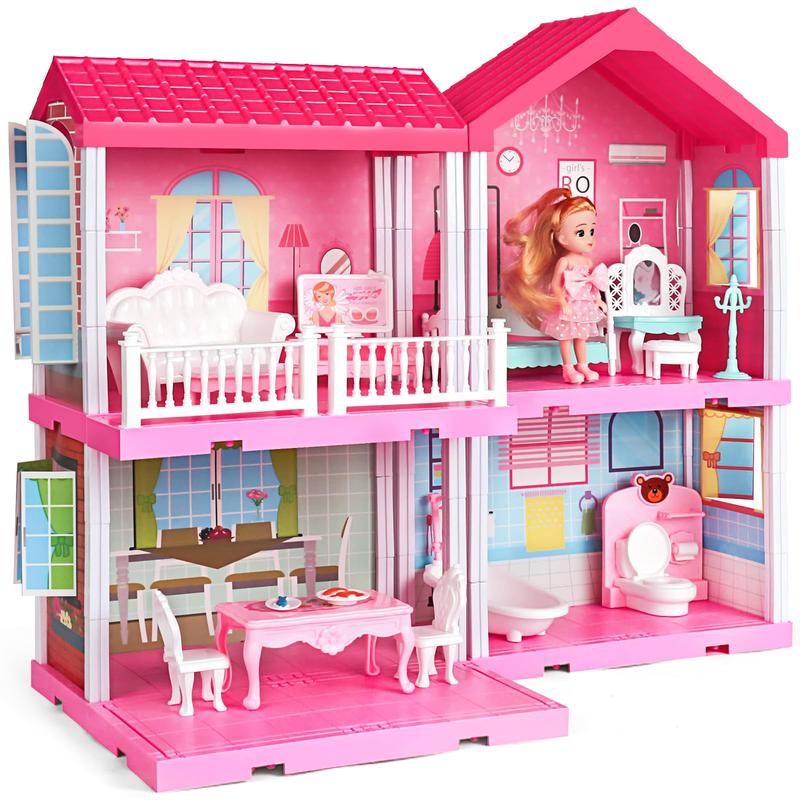 Dollhouse  Pretend Toys - Doll Figure with Furniture, Accessories, Stairs, Pets and Dolls, DIY Cottage Pretend Play DollHouse, for